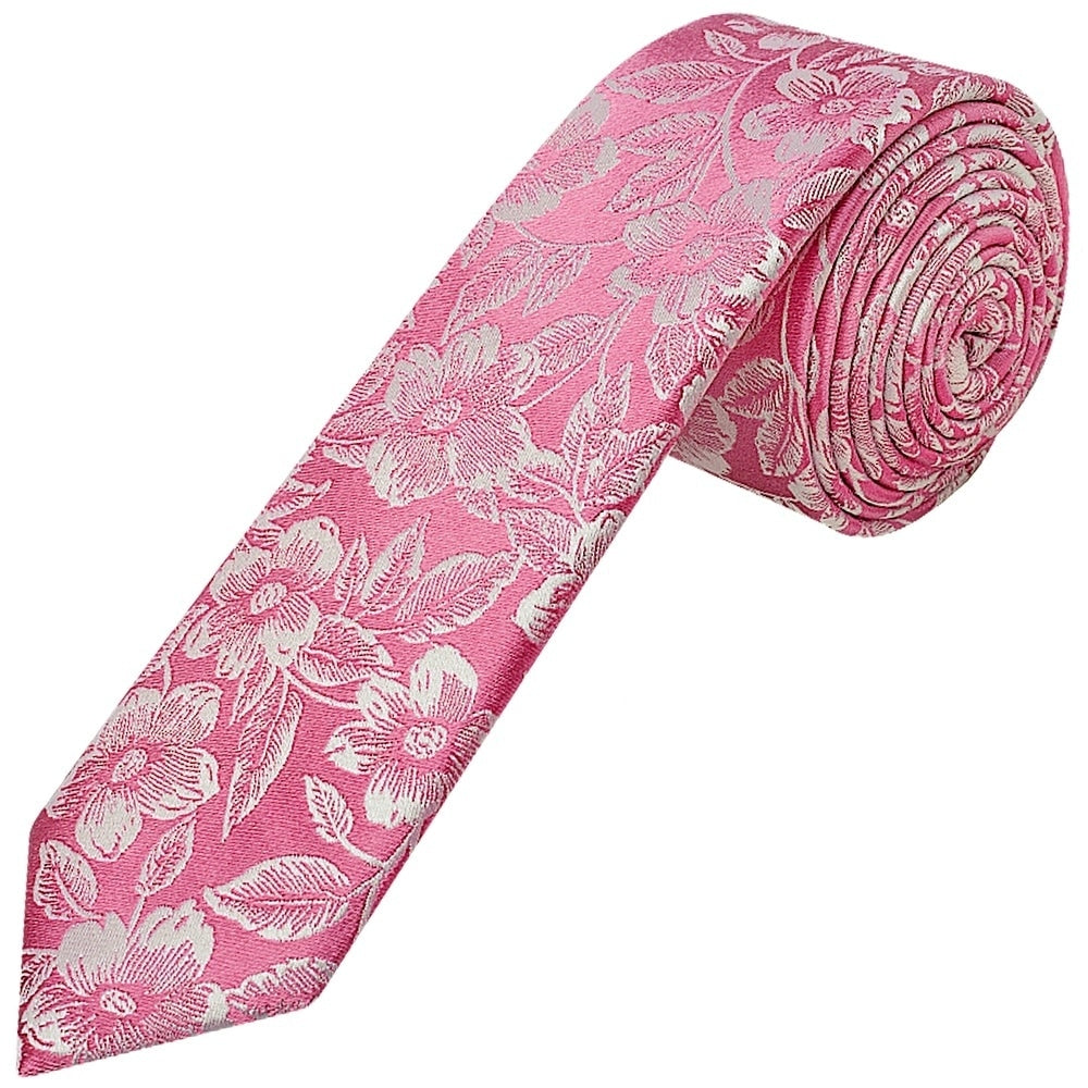 Dusty Pink Floral Silk Skinny Mens Tie And Pocket Square Set 2