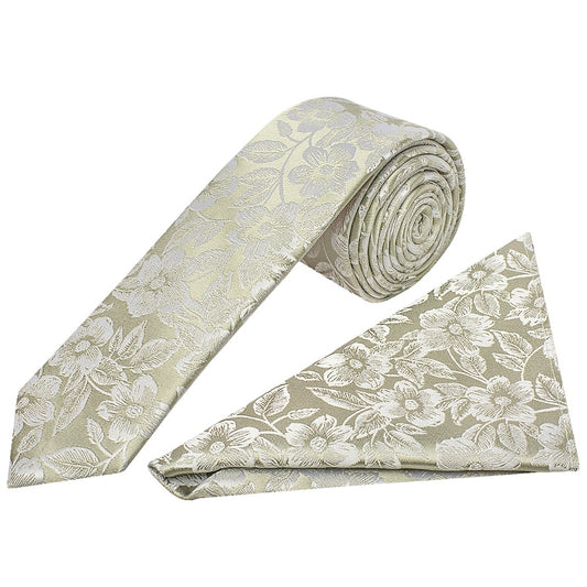 Dusty Sage Floral Silk Skinny Mens Tie And Pocket Square Set 1