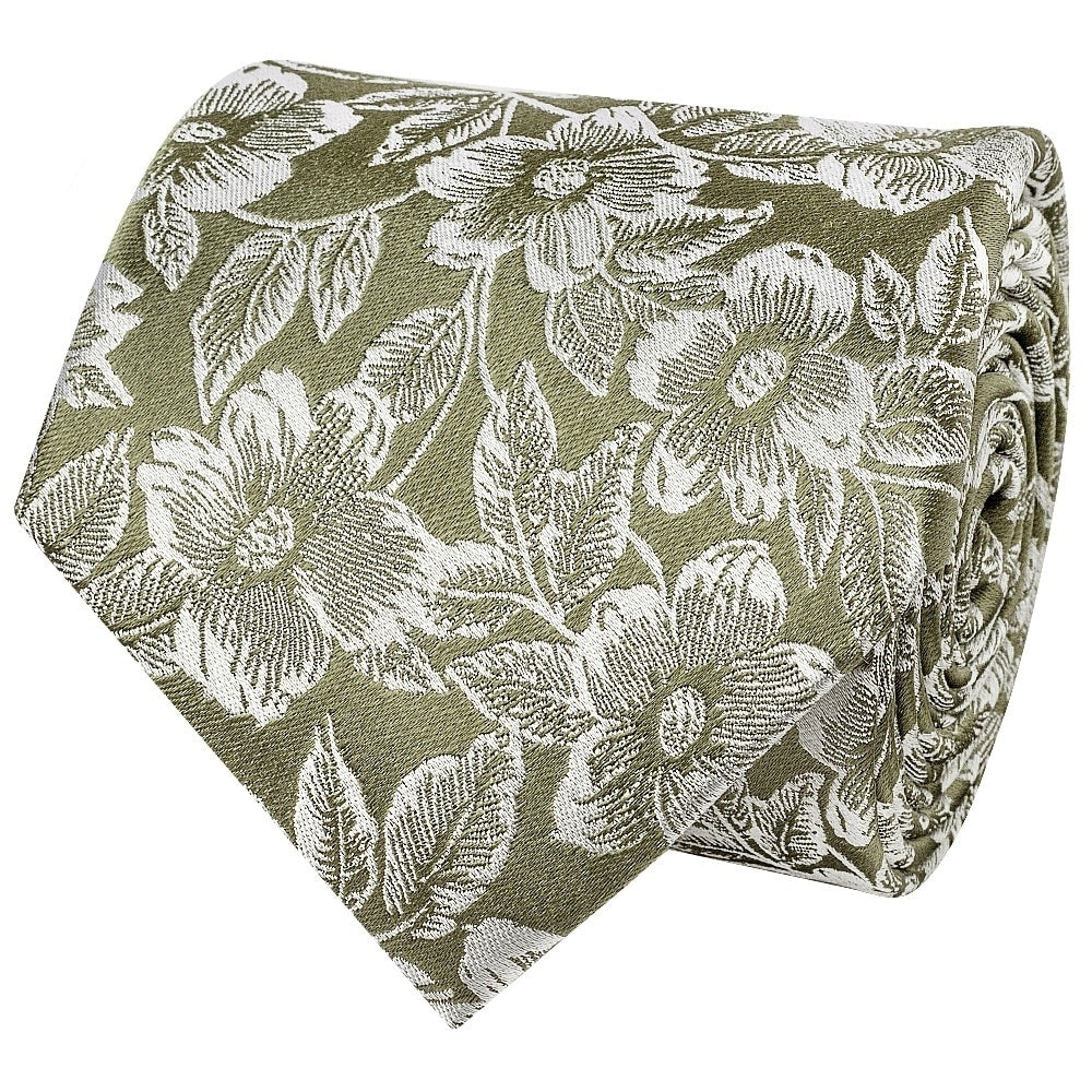 Olive Floral Silk Classic Mens Tie And Pocket Square Set 3