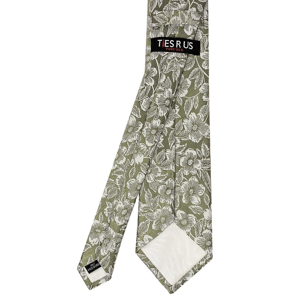 Olive Floral Silk Classic Mens Tie And Pocket Square Set 4