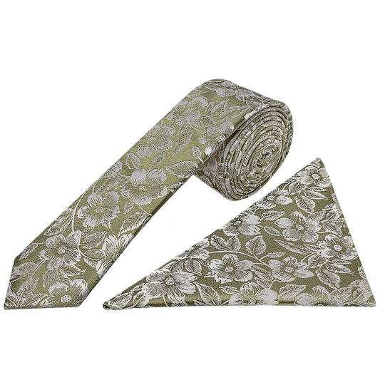 Olive Floral Silk Skinny Mens Tie and Pocket Square Set