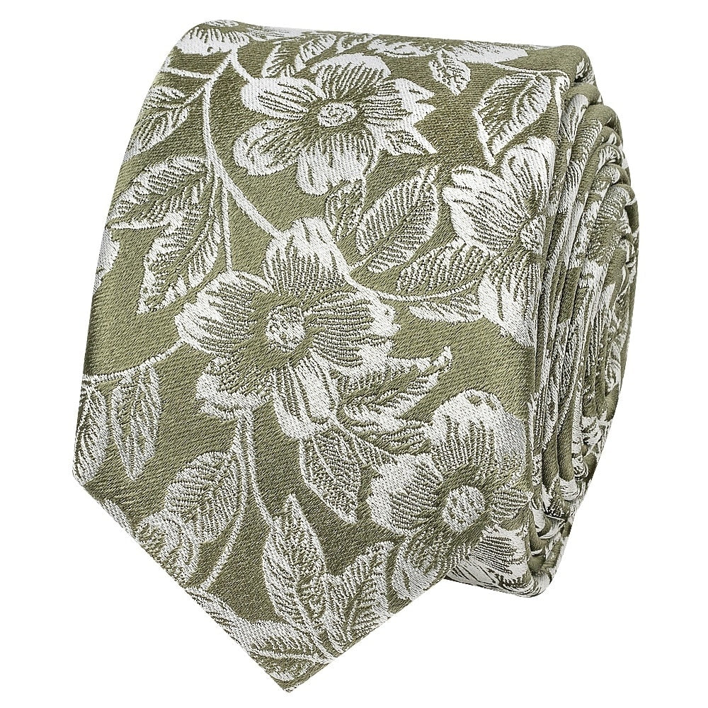 Olive Floral Silk Skinny Mens Tie And Pocket Square Set 3