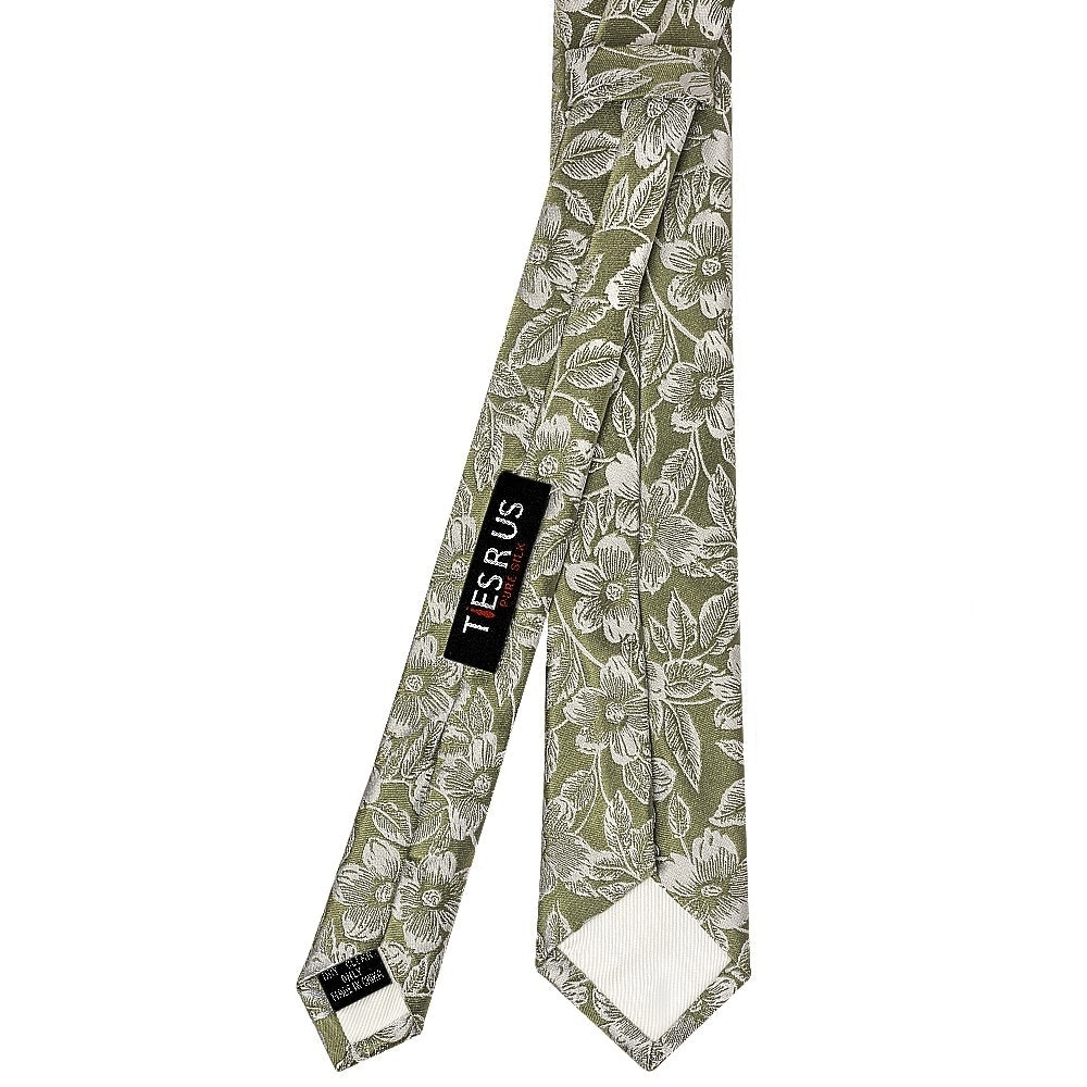 Olive Floral Silk Skinny Mens Tie And Pocket Square Set 4