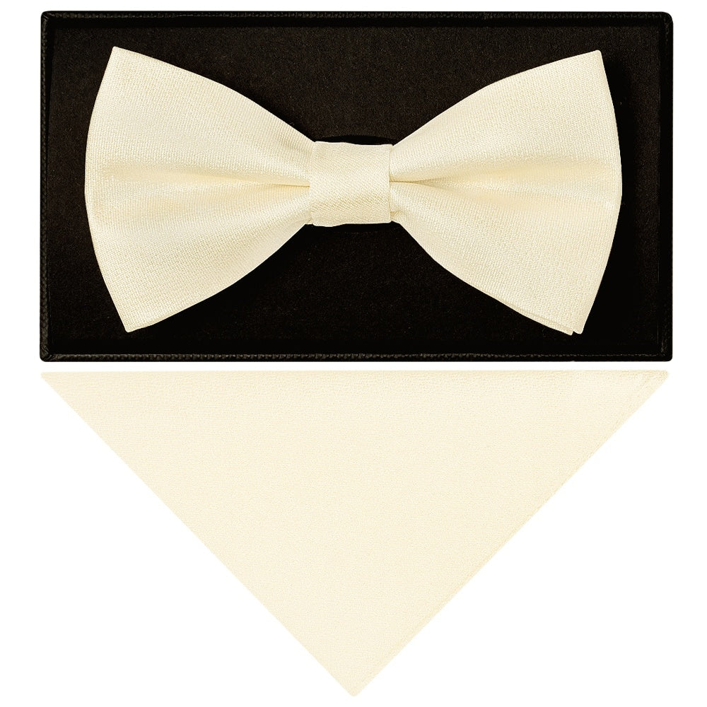 Plain Ivory Silk Mens Bow Tie And Pocket Square Set 1