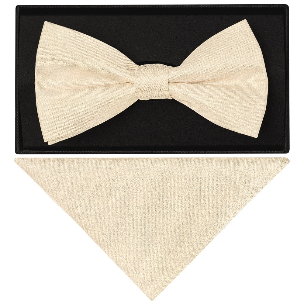 Plain Champagne Silk Mens Bow Tie And Pocket Square Set 1