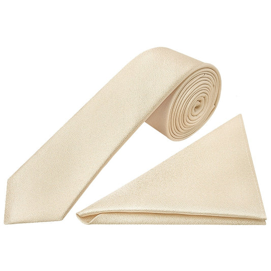 Plain Champagne Silk Skinny Mens Tie And Pocket Square Set 1