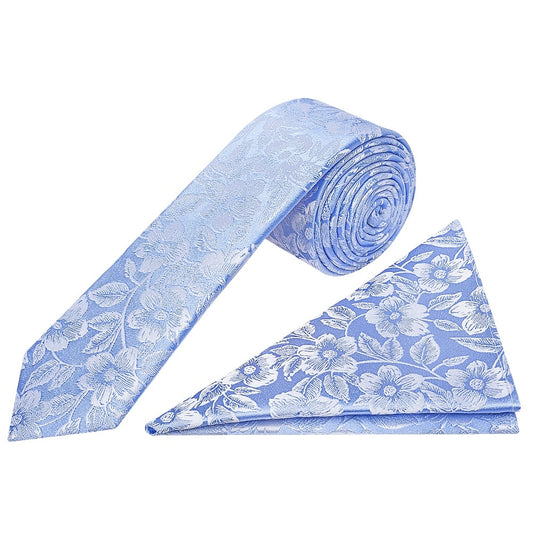 Blue Floral Silk Skinny Mens Tie And Pocket Square Set 1