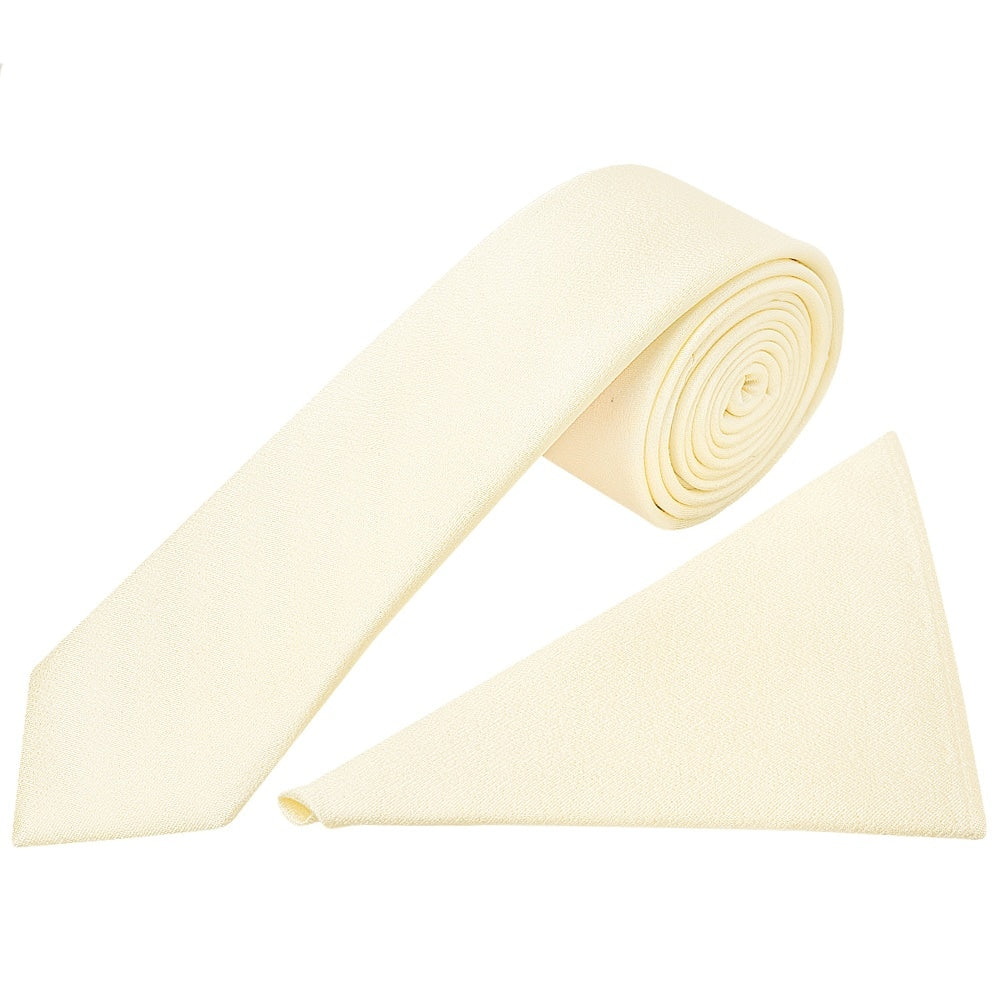 Plain Ivory Silk Skinny Mens Tie And Pocket Square Set 1