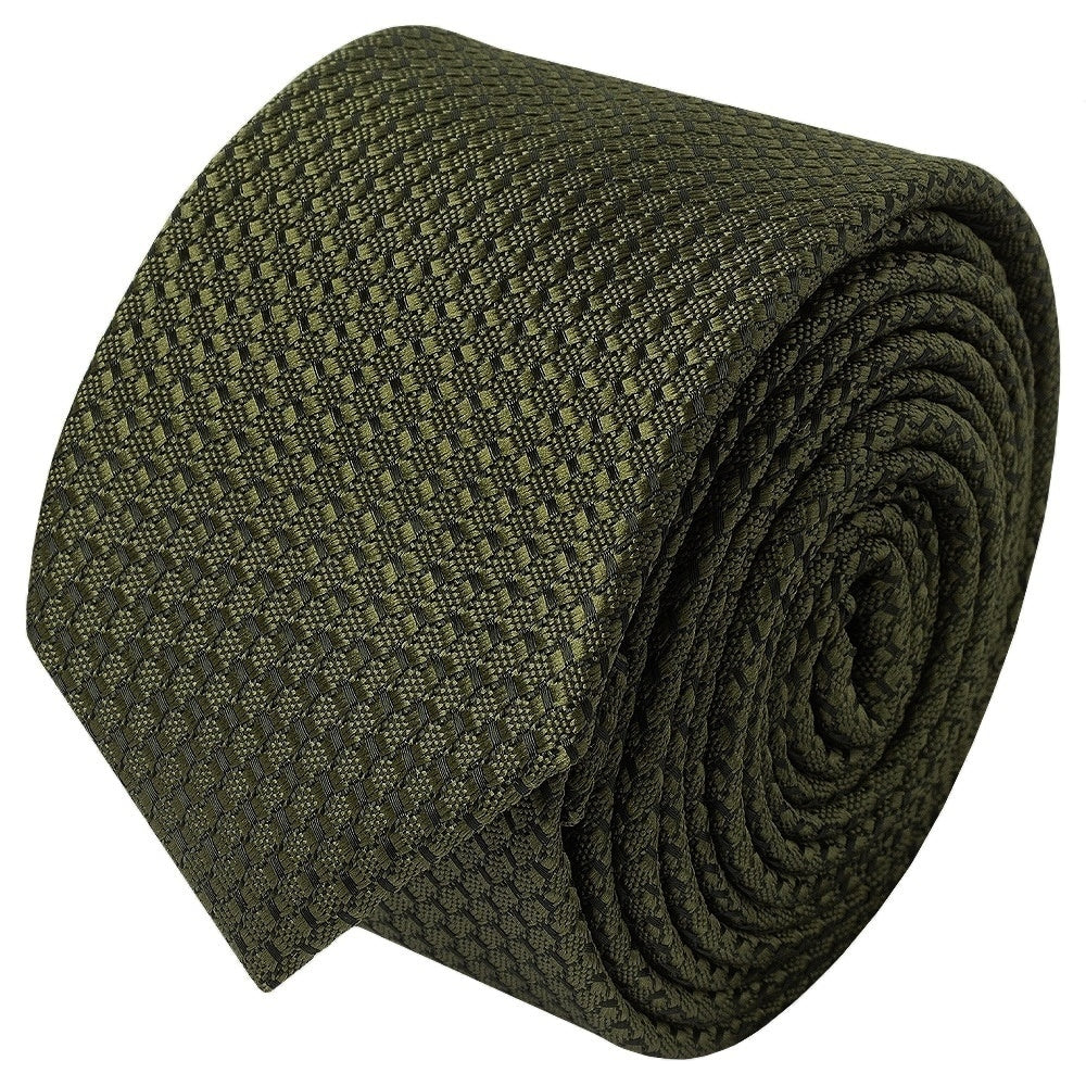 Olive Green Textured Skinny Tie And Pocket Square Set 3