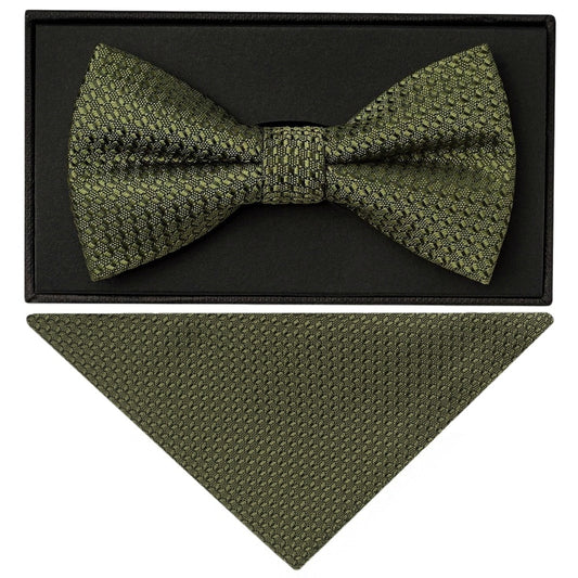 Olive Green Textured Mens Bow Tie And Pocket Square Set 1