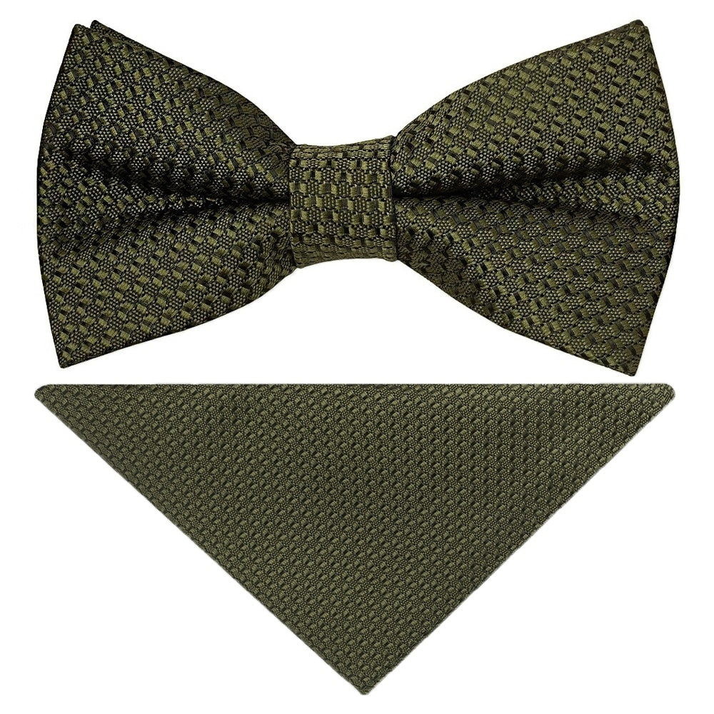 Pre Tied Olive Green Textured Boys Bow Tie And Pocket Square Set 1
