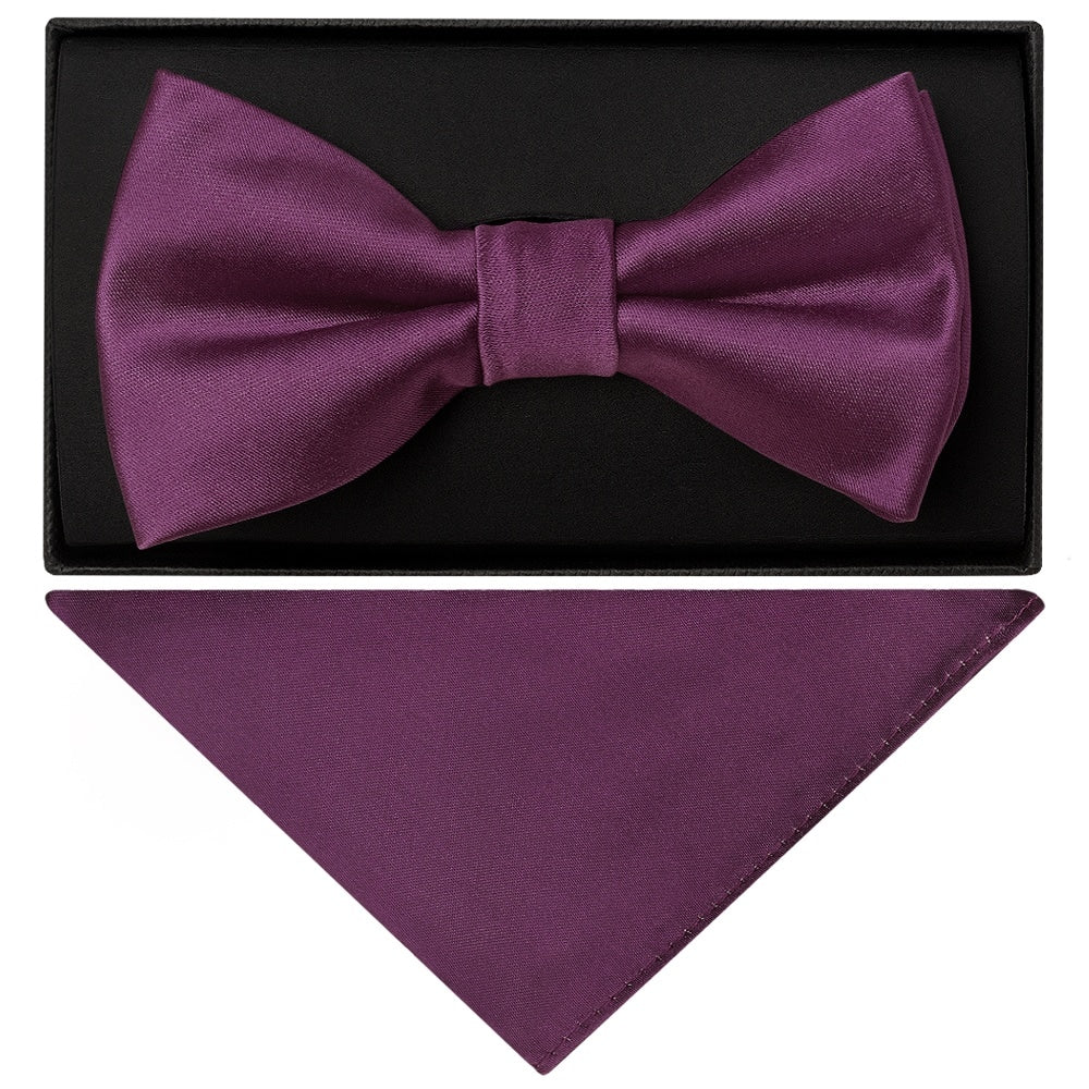 Plain Plum Handmade Mens Bow Tie And Pocket Square Set 1