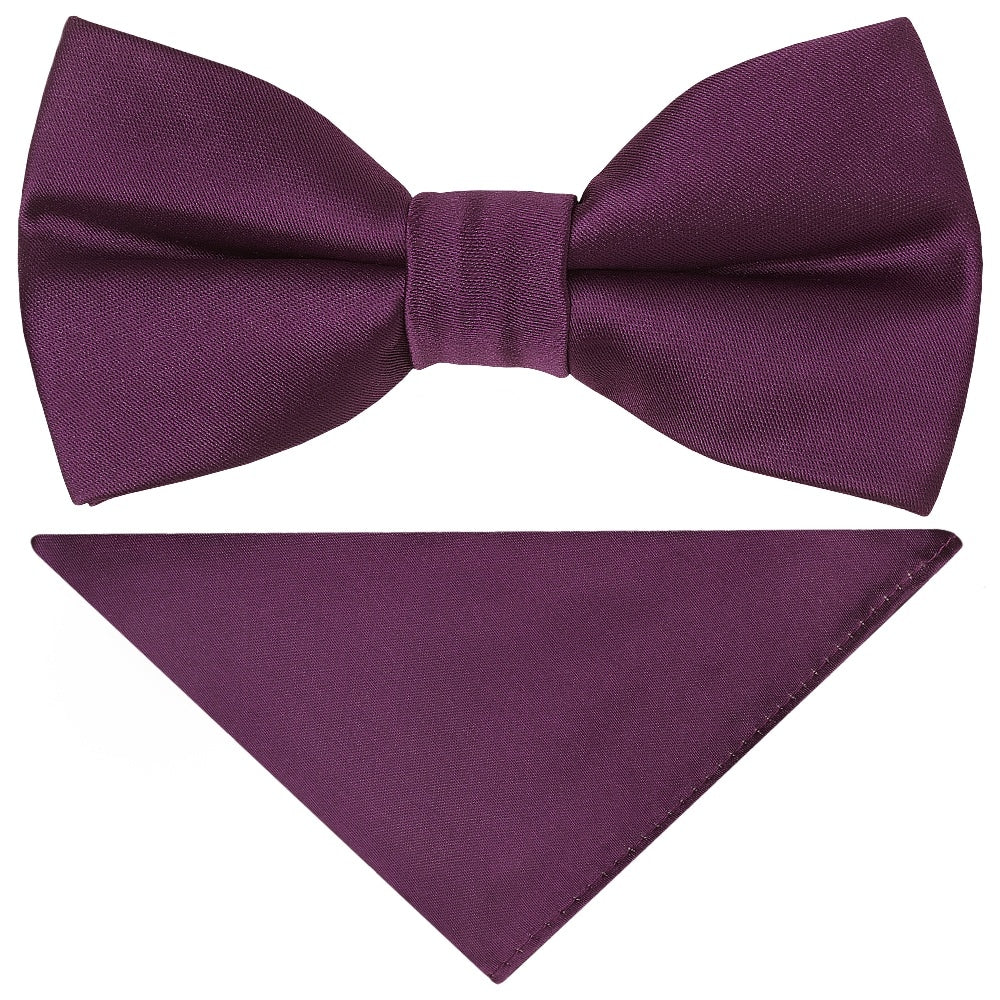 Pre Tied Plum Satin Boys Bow Tie And Pocket Square Set 1
