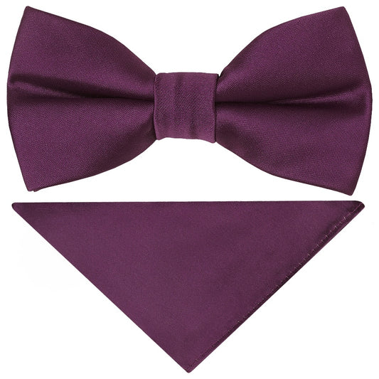 Pre Tied Plum Satin Boys Bow Tie And Pocket Square Set 1