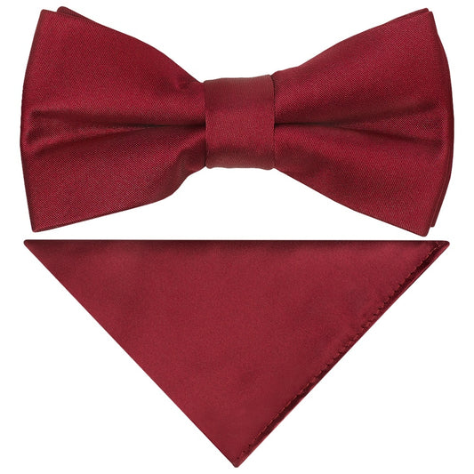 Pre Tied Maroon Satin Boys Bow Tie And Pocket Square Set 1