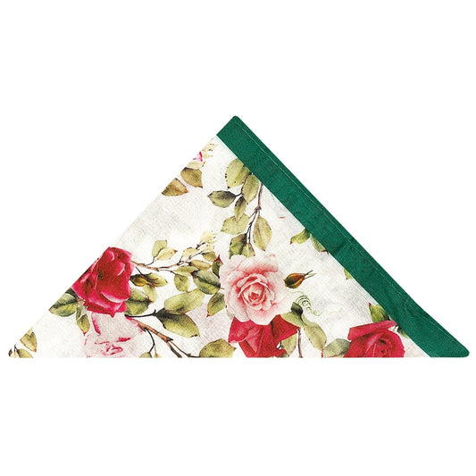 White Cotton Pocket Square With Green Leaves And Roses 1