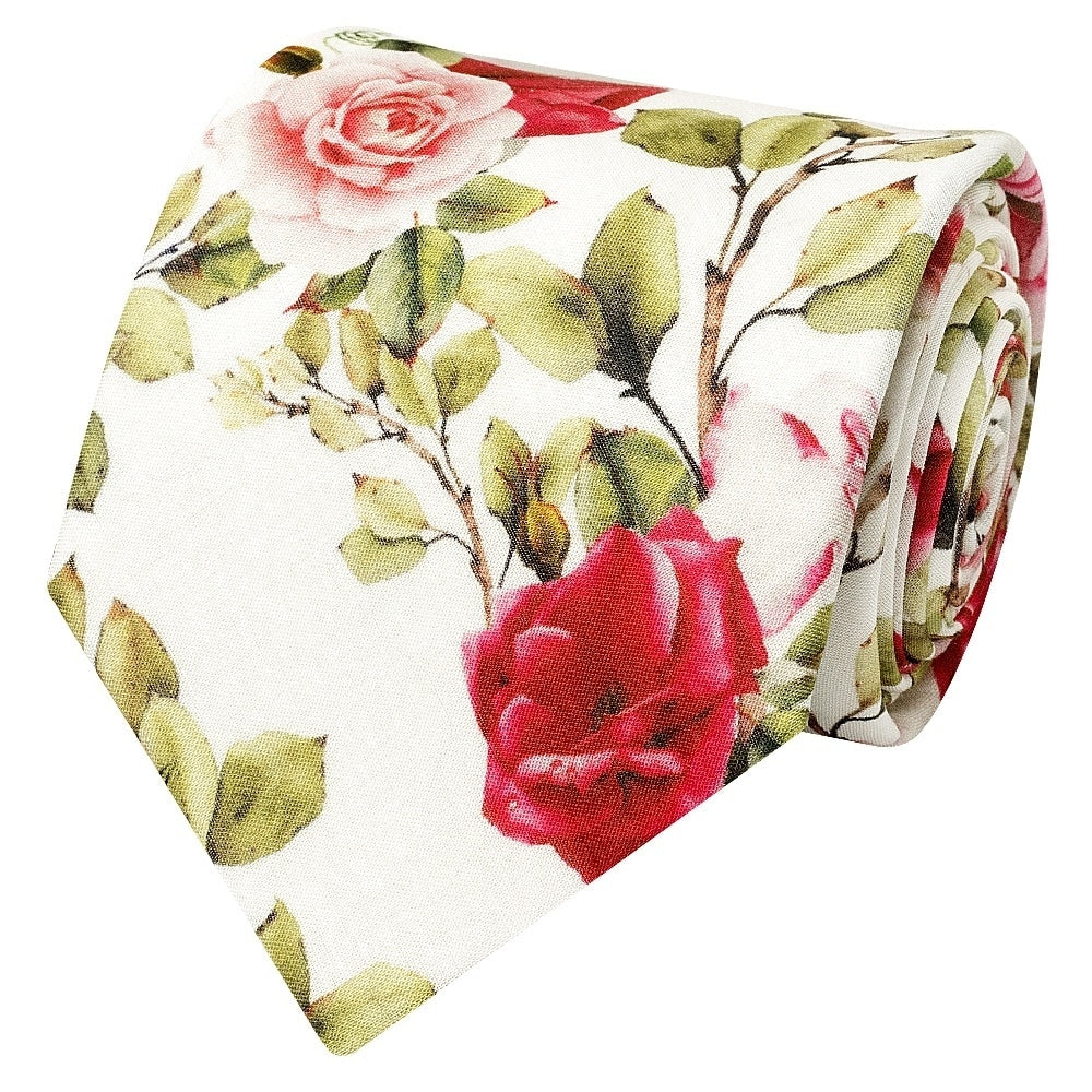Mens Classic White Cotton Tie With Green Leaves And Roses And Pocket Square Set 4