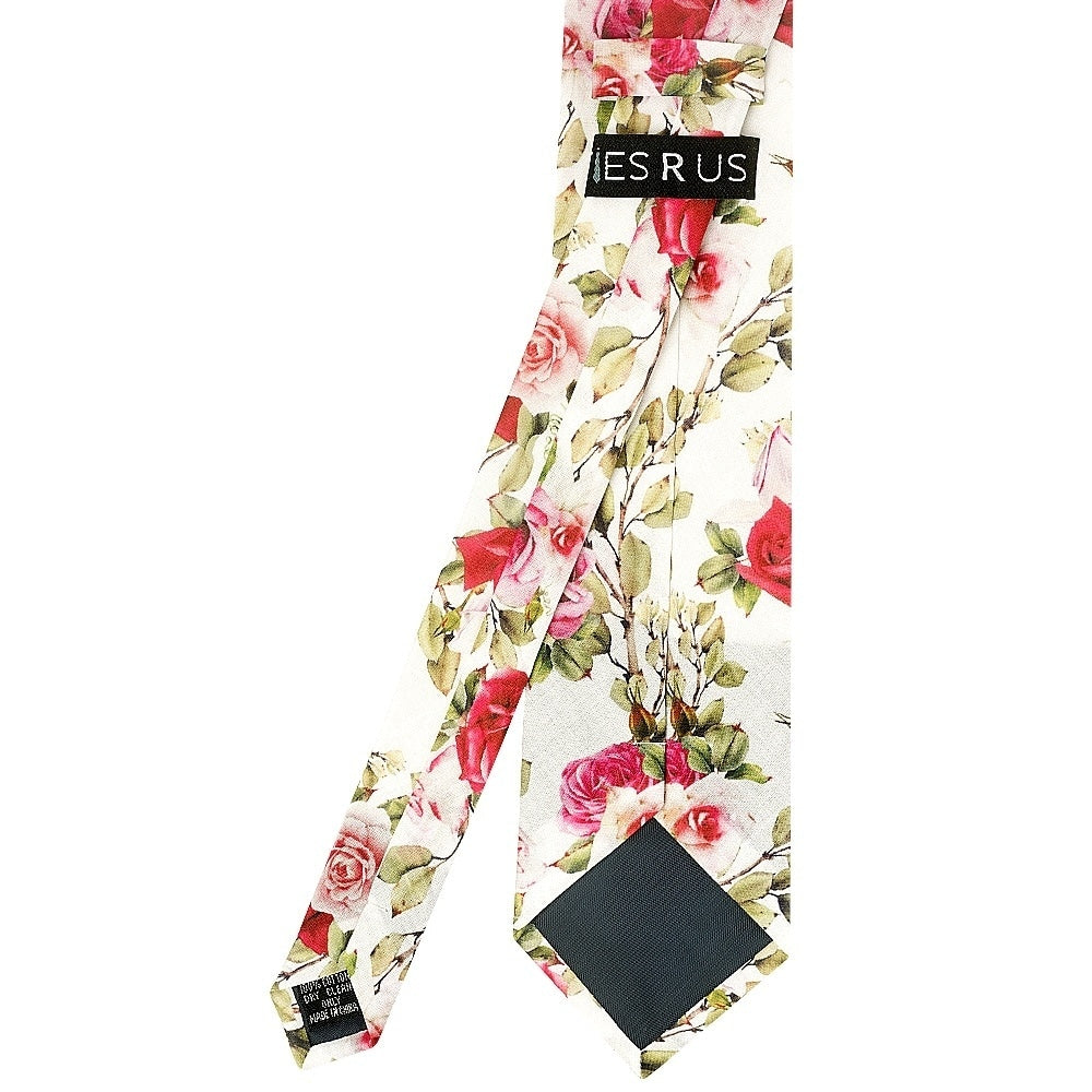 Mens Classic White Cotton Tie With Green Leaves And Roses And Pocket Square Set 5