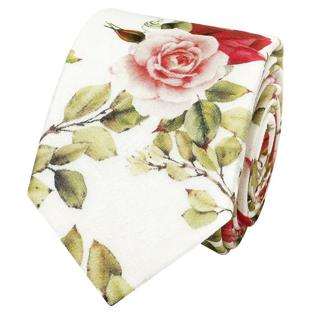 Mens Skinny White Cotton Tie With Green Leaves And Roses And Pocket Square Set 4