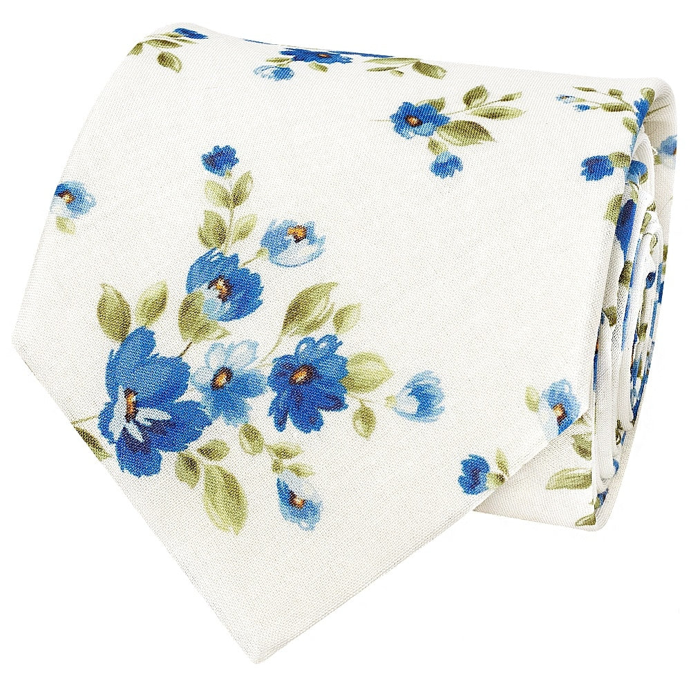 Mens Classic White Cotton Tie With Blue Flowers 3