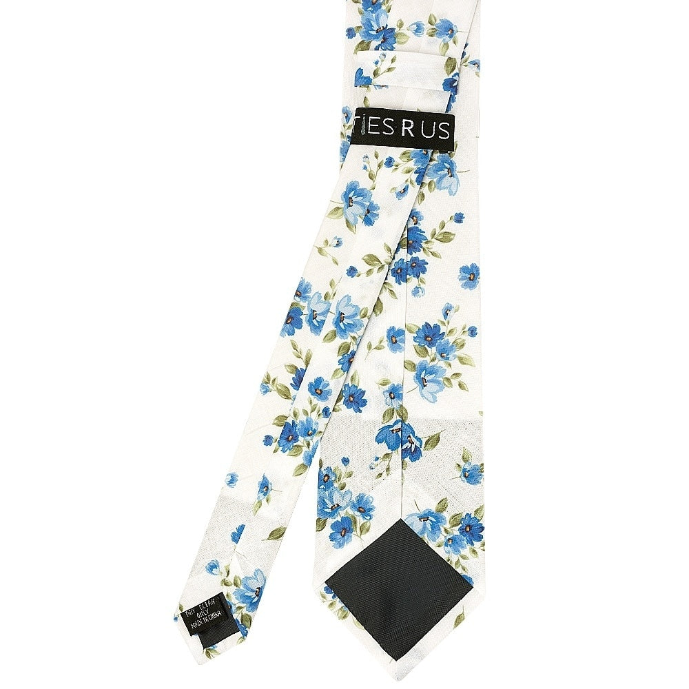Mens Classic White Cotton Tie With Blue Flowers And Pocket Square Set 5