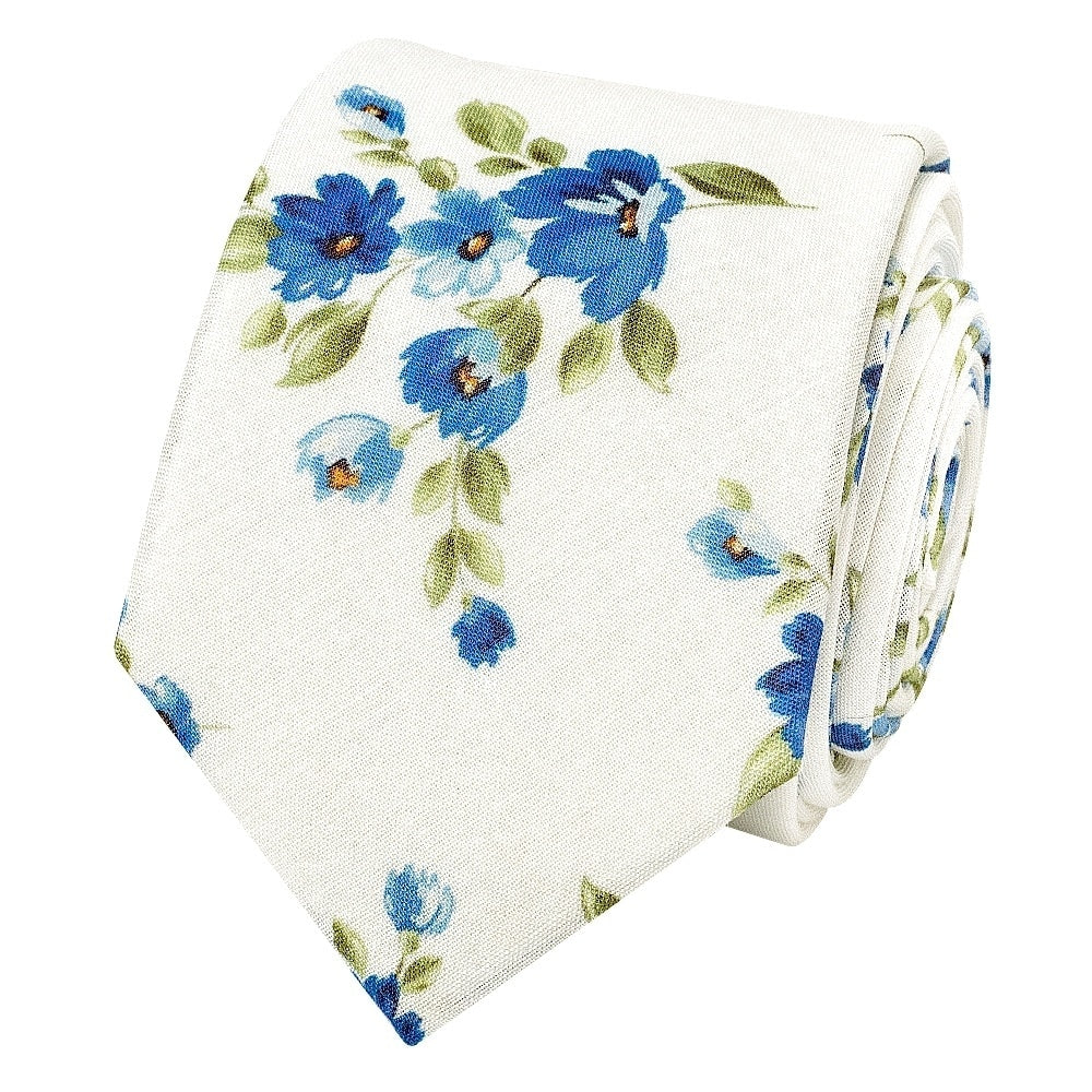 Mens Skinny White Cotton Tie With Blue Flowers And Pocket Square Set 4