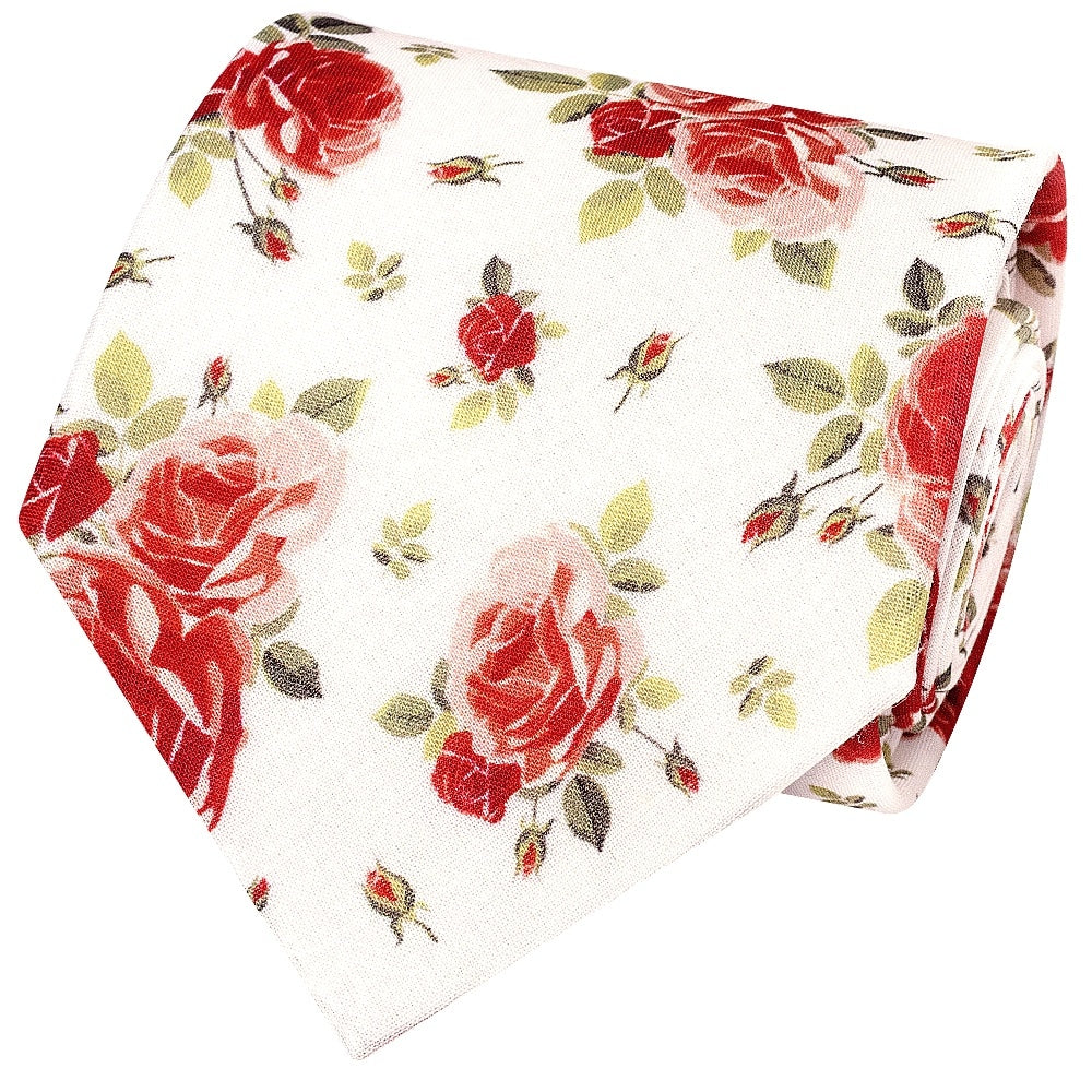 Mens Classic White Cotton Tie With Pink Roses 3