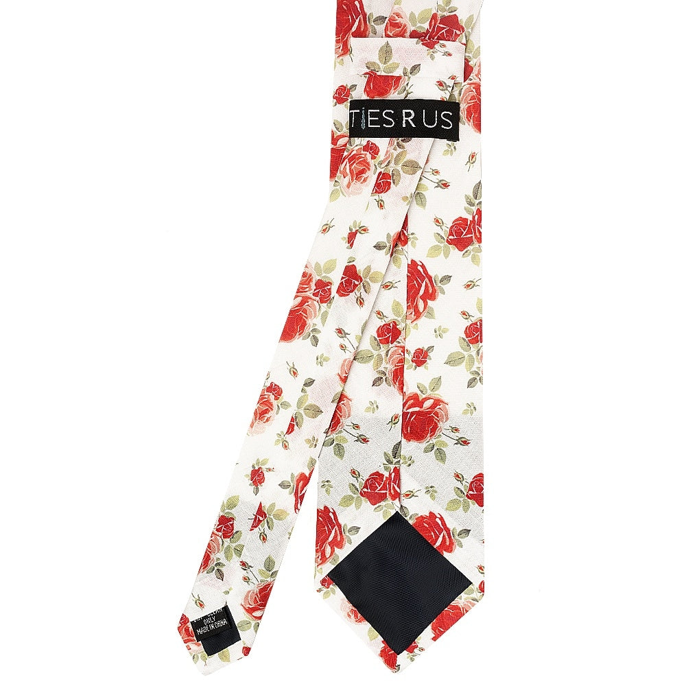 Mens Classic White Cotton Tie With Pink Roses 4