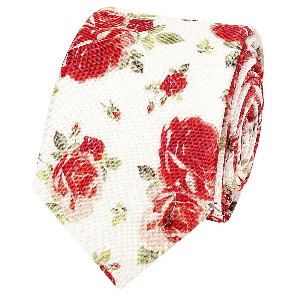 Mens Skinny White Cotton Tie With Pink Roses 3