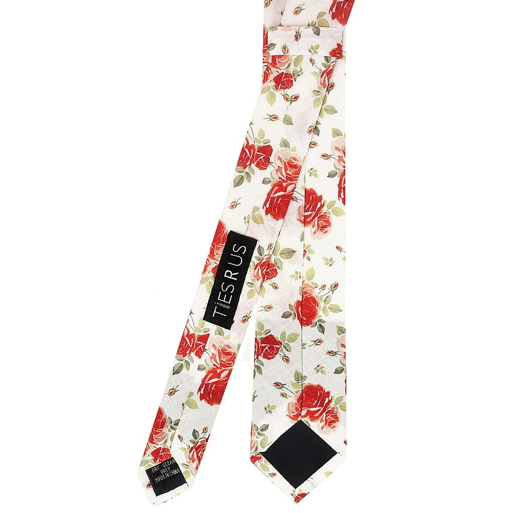 Mens Skinny White Cotton Tie With Pink Roses 4