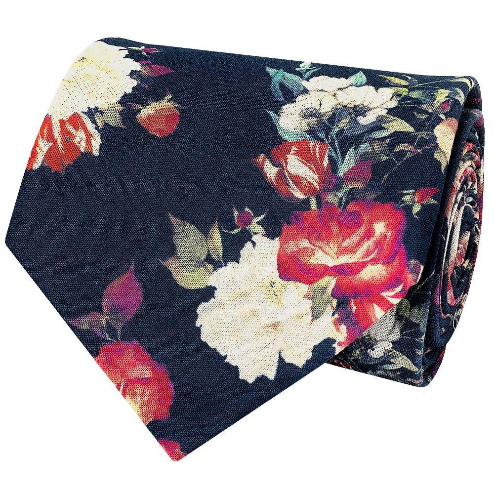 Mens Classic Navy Cotton Tie With White And Red Flowers 3