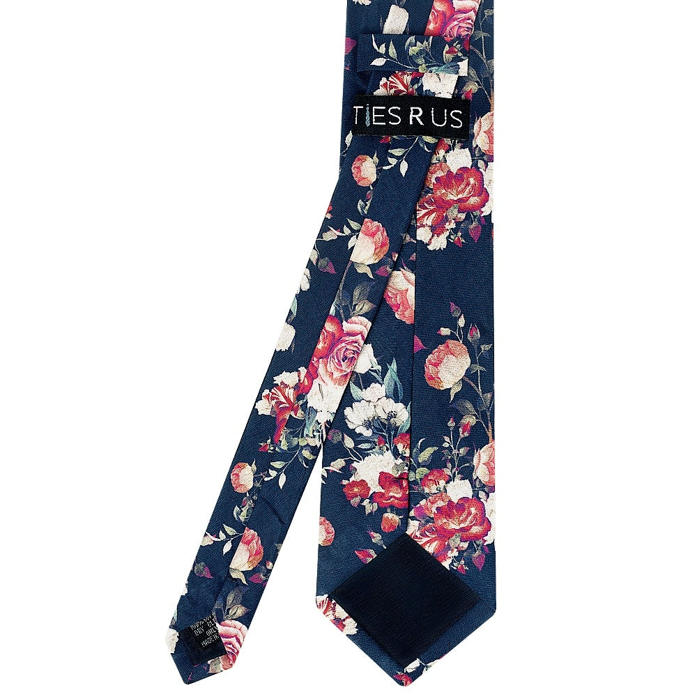 Mens Classic Navy Cotton Tie With White And Red Flowers 4