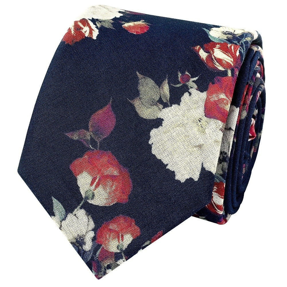 Mens Skinny Navy Cotton Tie With White And Red Flowers And Pocket Square Set 4