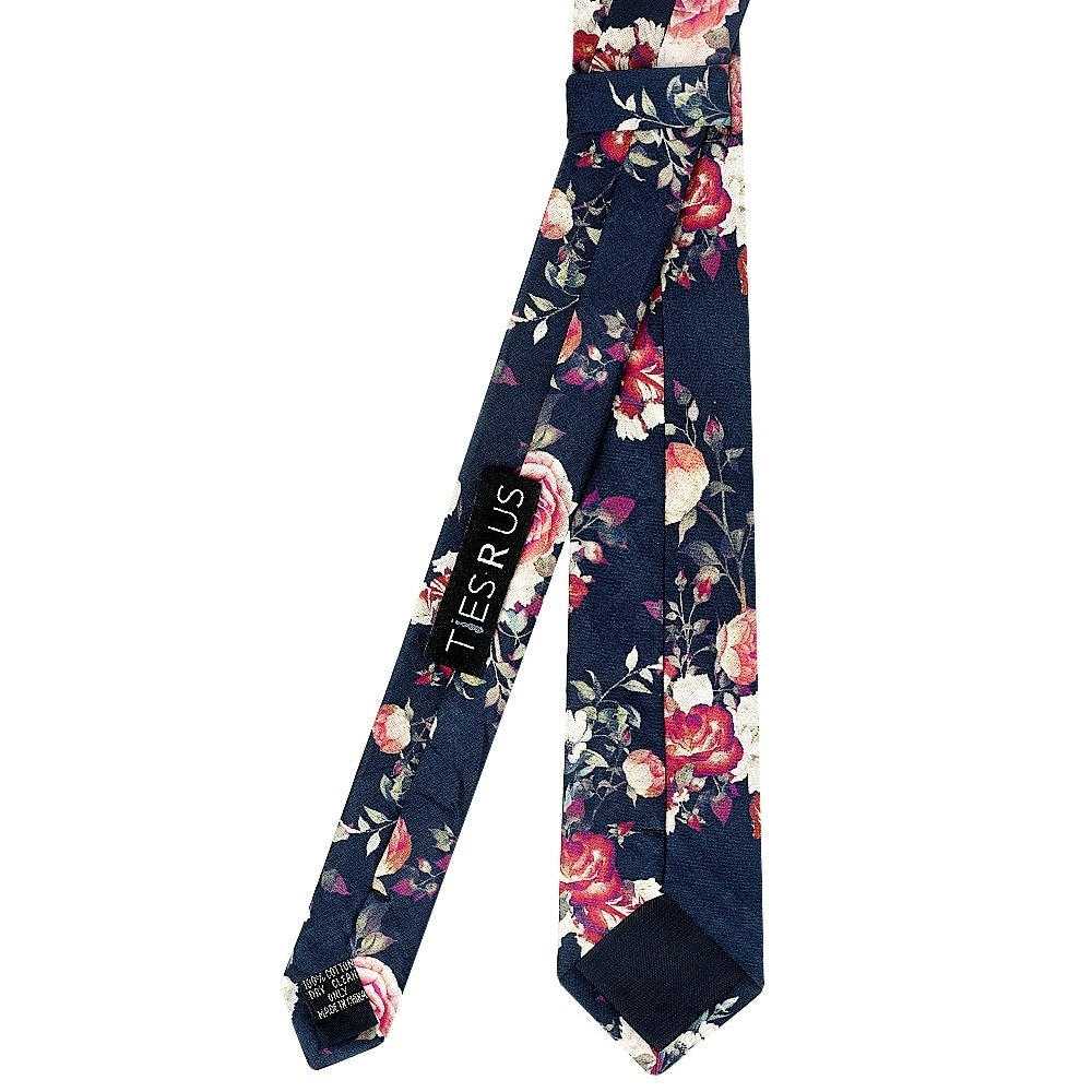 Mens Skinny Navy Cotton Tie With White And Red Flowers And Pocket Square Set 5