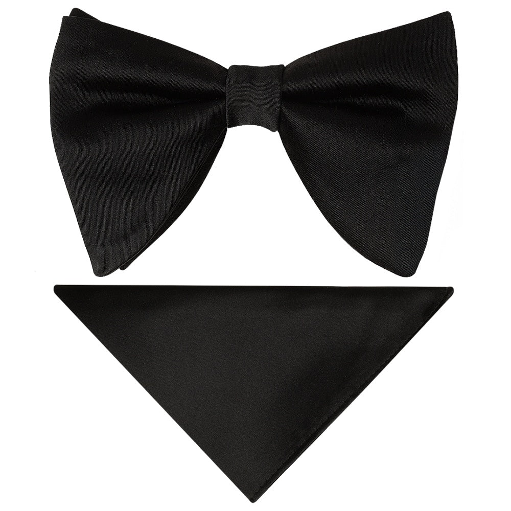 Mens Plain Black Oversized Satin Bow Tie And Pocket Square Set 1
