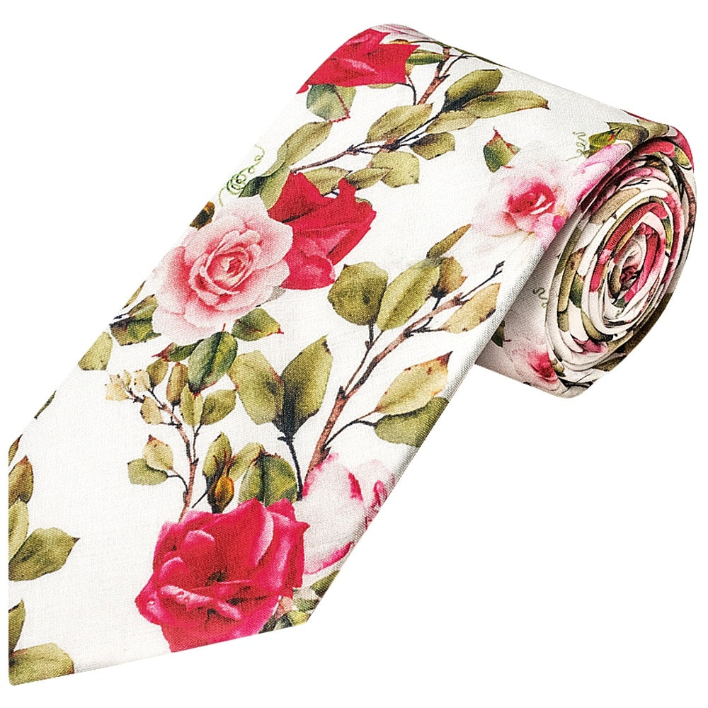 Mens Classic White Cotton Tie With Green Leaves And Roses And Pocket Square Set 3