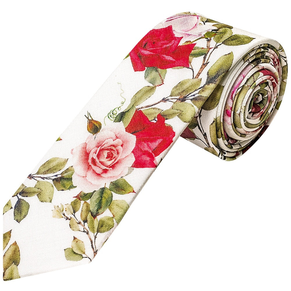 Mens Skinny White Cotton Tie With Green Leaves And Roses And Pocket Square Set 3