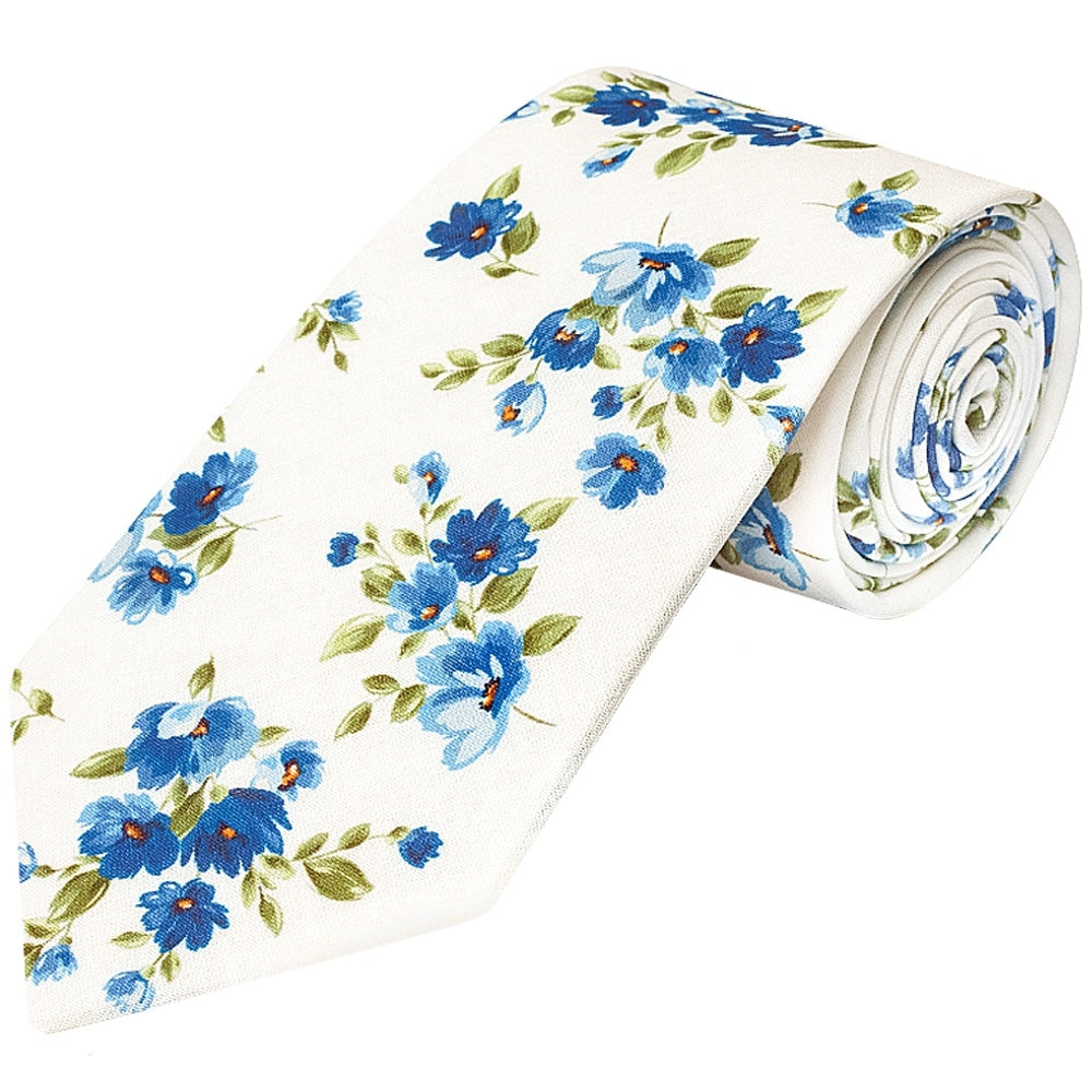 Mens Classic White Cotton Tie With Blue Flowers And Pocket Square Set 3