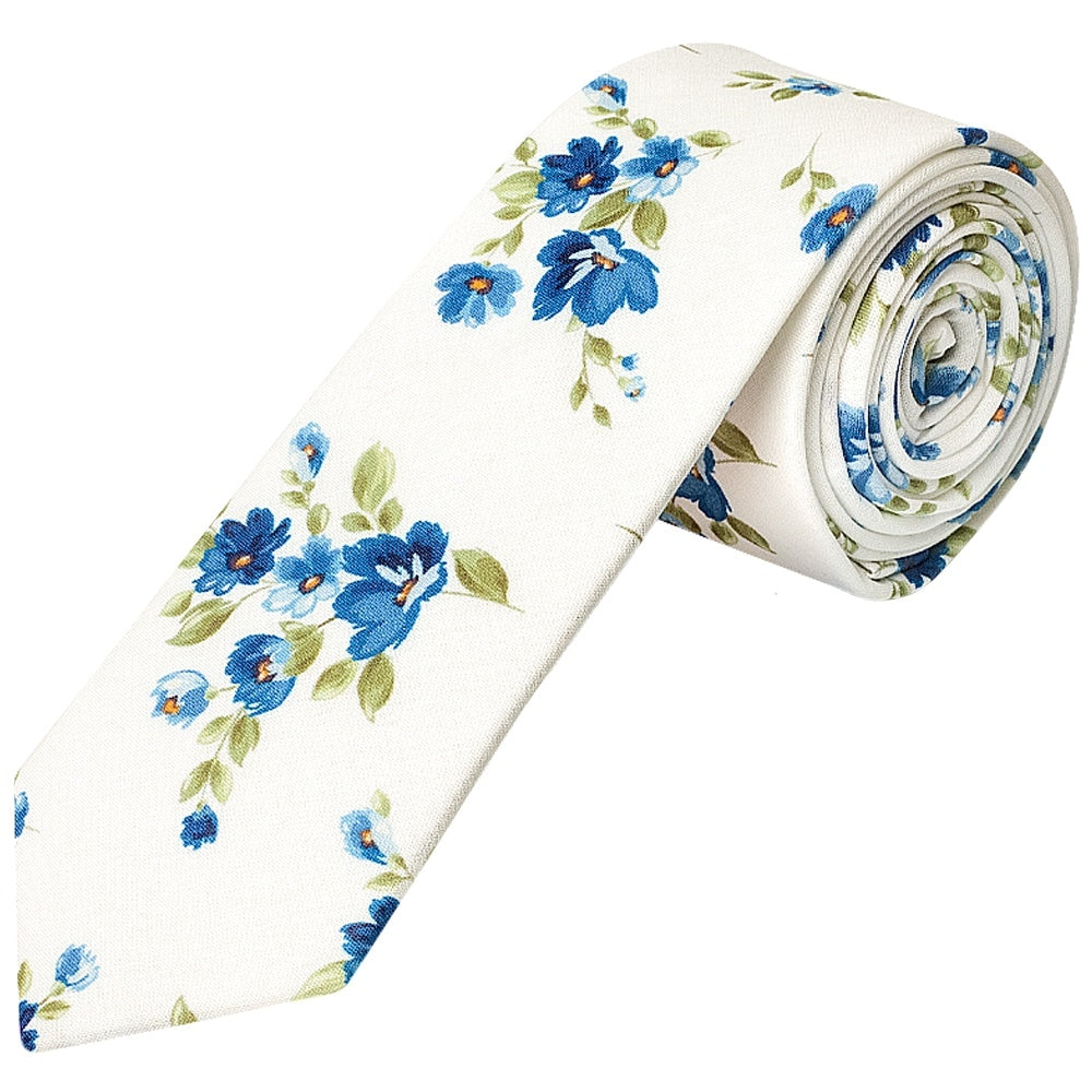 Mens Skinny White Cotton Tie With Blue Flowers And Pocket Square Set 3