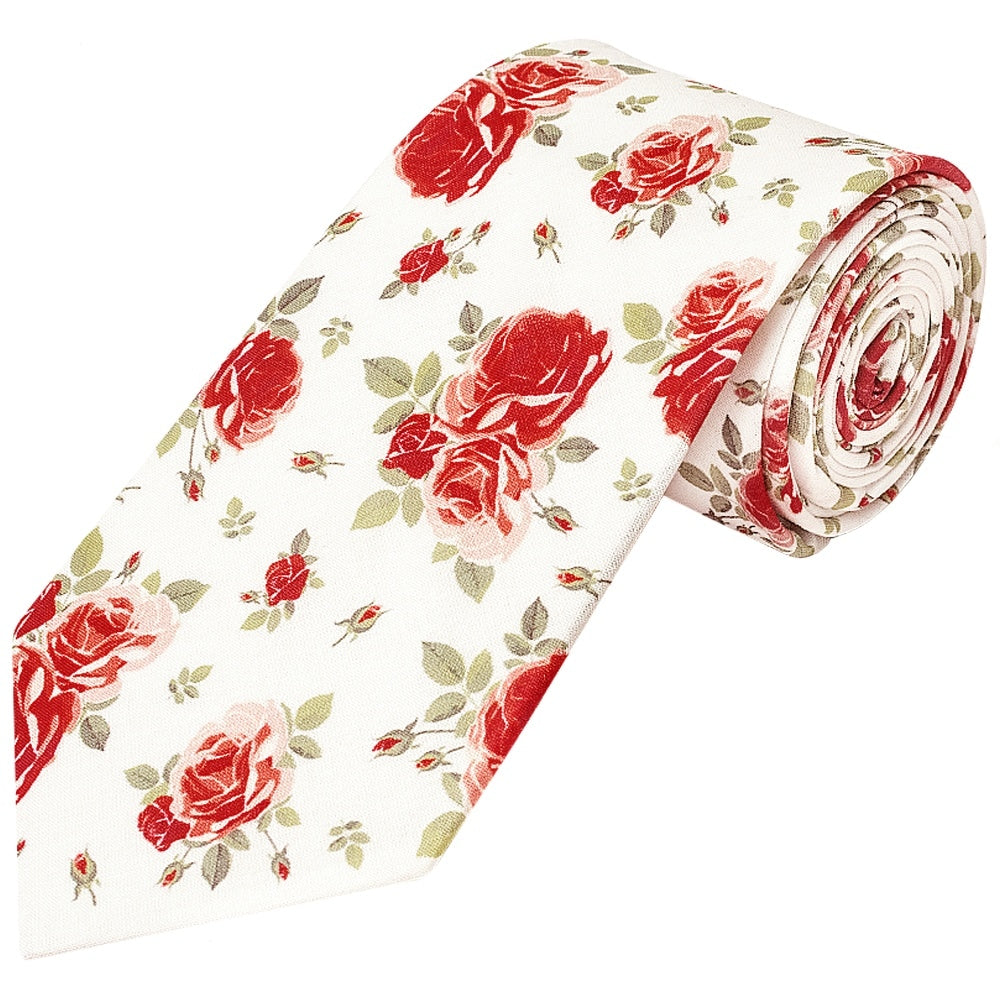 Mens Classic White Cotton Tie With Pink Roses And Pocket Square Set 3