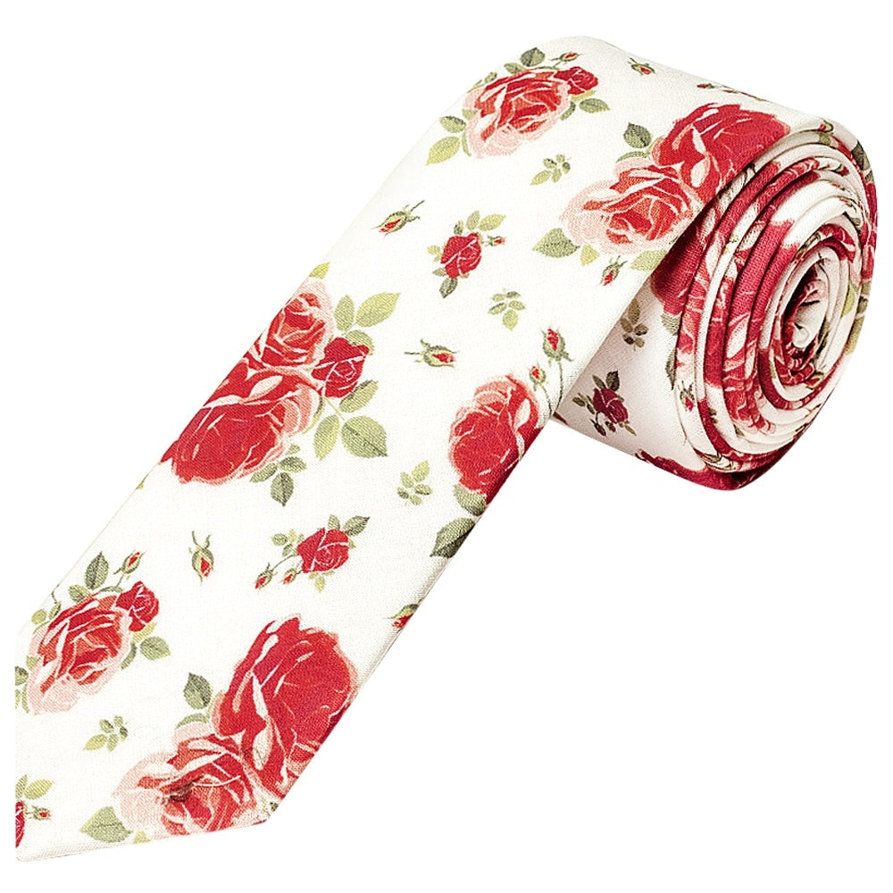 Mens Skinny White Cotton Tie With Pink Roses And Pocket Square Set 3