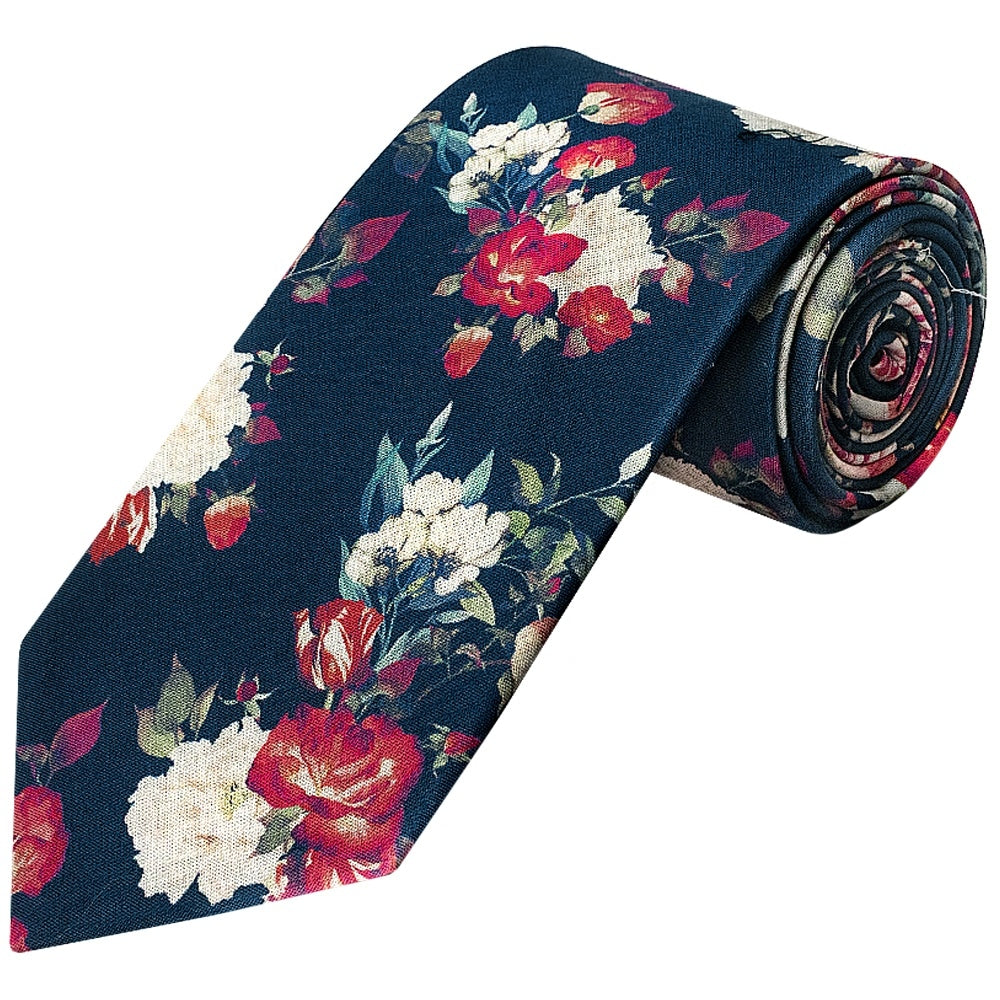 Mens Classic Navy Cotton Tie With White And Red Flowers And Pocket Square Set 3