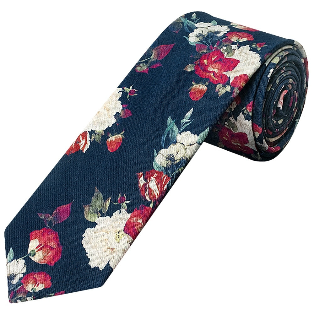 Mens Skinny Navy Cotton Tie With White And Red Flowers And Pocket Square Set 3