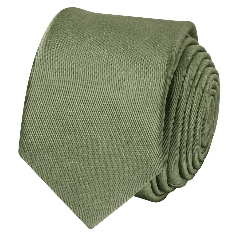 Plain Olive Green Satin Skinny Mens Tie And Pocket Square Set 3