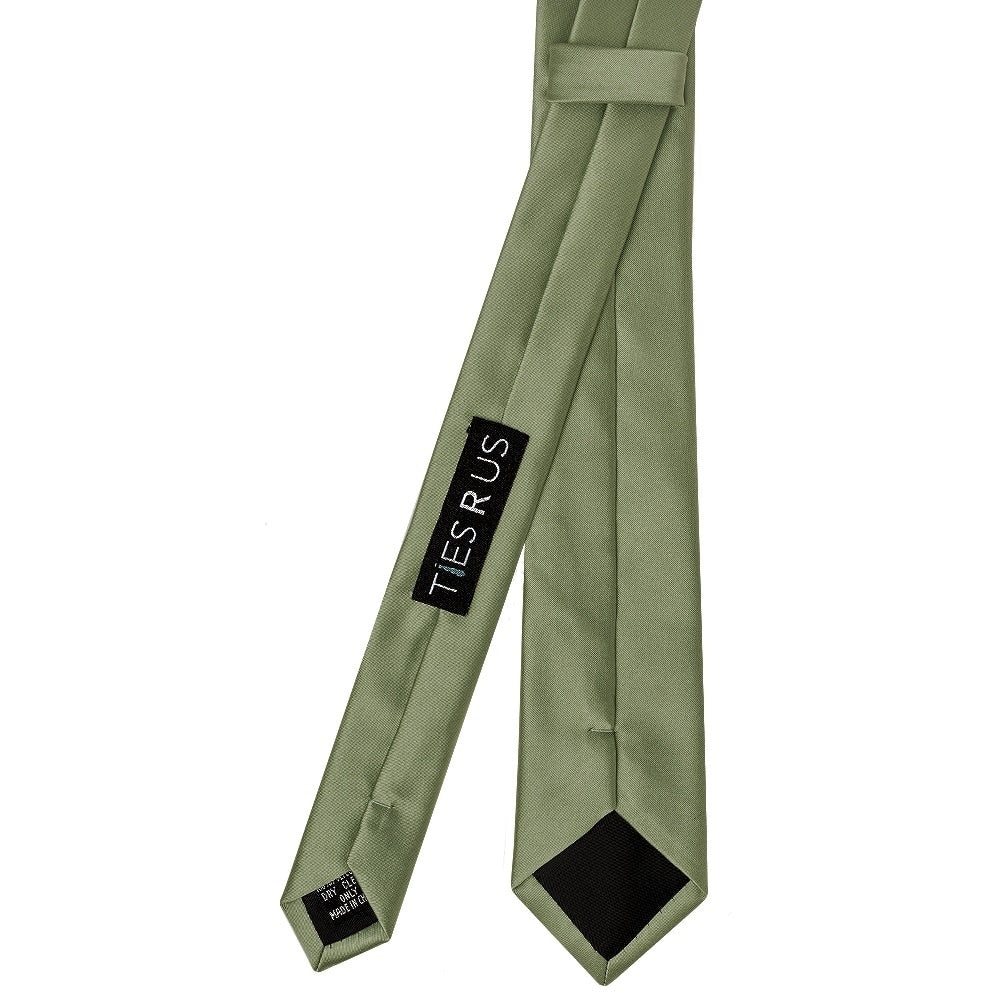 Plain Olive Green Satin Boys Skinny Tie And Pocket Square Set 4