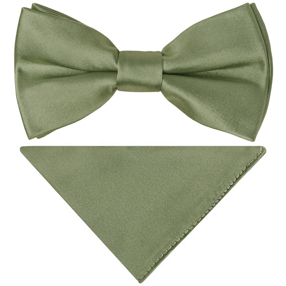 Pre Tied Olive Green Satin Boys Bow Tie And Pocket Square Set Age 8 11 1