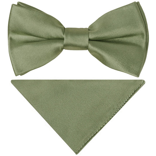 Pre Tied Olive Green Satin Boys Bow Tie And Pocket Square Set Age 8 11 1