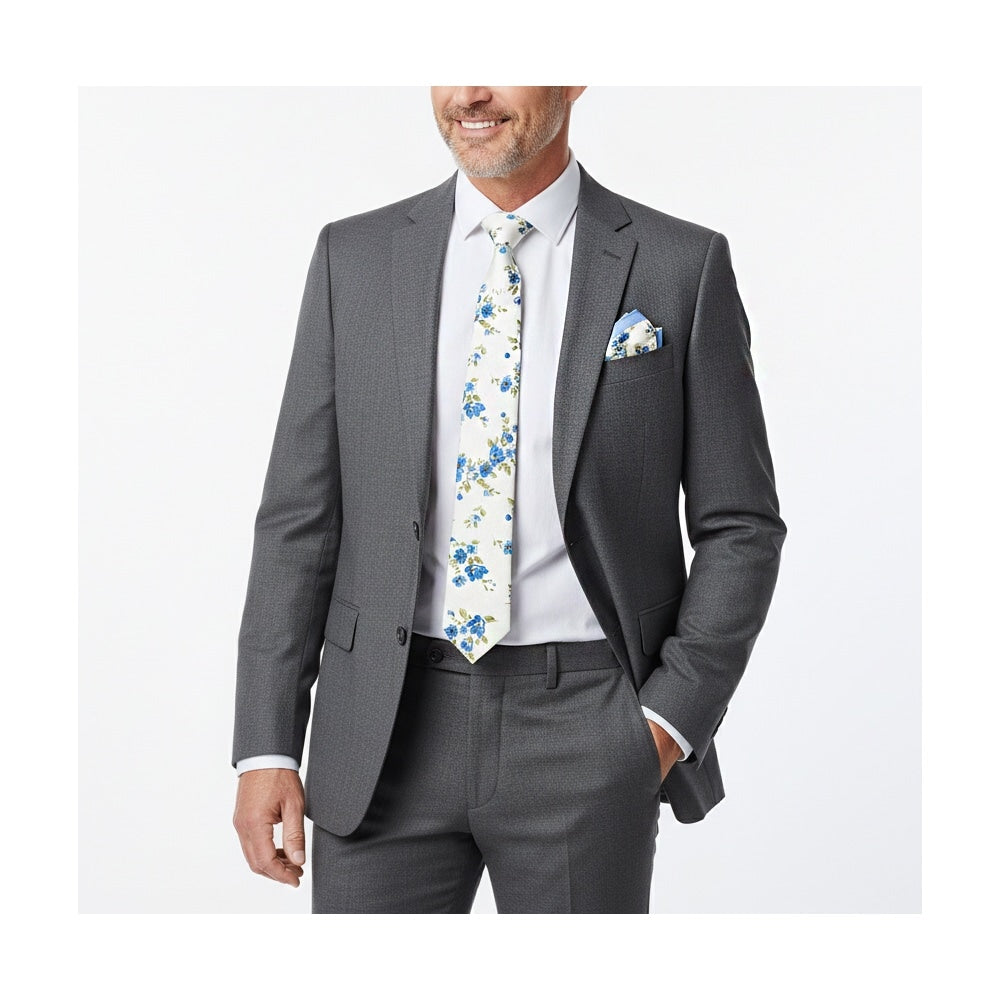 Mens Skinny White Cotton Tie With Blue Flowers And Pocket Square Set 2