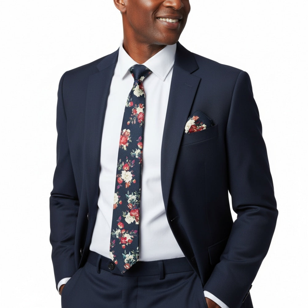 Mens Skinny Navy Cotton Tie With White And Red Flowers 2