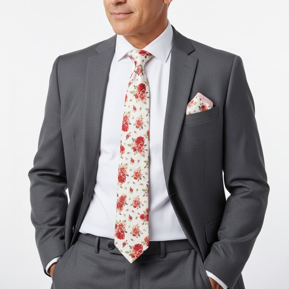 Mens Skinny White Cotton Tie With Pink Roses 2